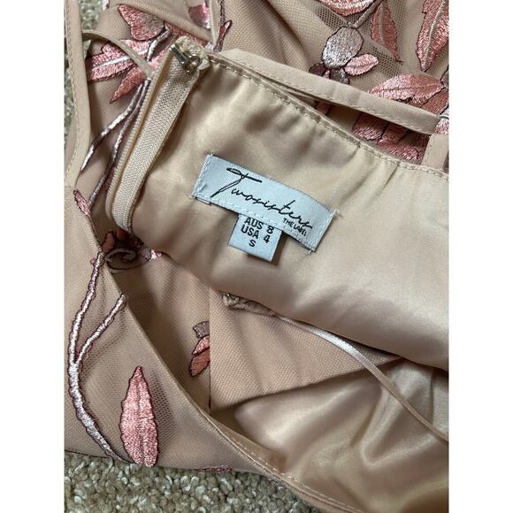 Women’s Beige Pink Floral Embroidered Mesh A-Line Cocktail Party Dress Sz 4 - Picture 3 of 10